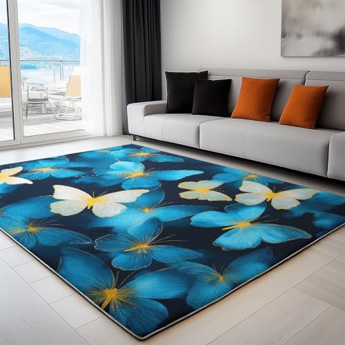 Generisch Teppich Gegend Schlafzimmer 120 x 180cm, Wohnzimmerteppich, Waschküche Waschbar Carpet rutschfest Kurzflor Weich Blaue und goldene Schmetterlinge Aquarell Teppiche für Esszimmer, Küche von Generisch