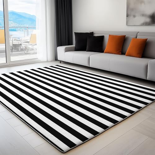Generisch Teppich Gegend Schlafzimmer 120 x 180cm, Wohnzimmerteppich, Waschküche Waschbar Carpet rutschfest Kurzflor Weich Schwarz gestreift Teppiche für Esszimmer, Küche von Generisch