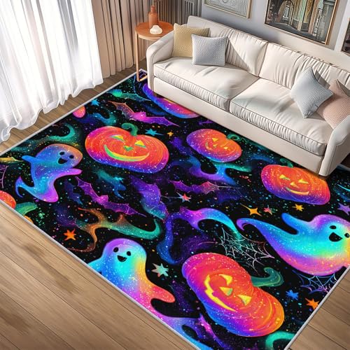 Generisch Teppich Geist Kürbis, 60x90, Klein Fußmatte Eingangsbereich, Bunt Neon Halloween Motiv Design Zimmer Deko, Waschbar, rutschfest, Kurzflor, Weich A2355 von Generisch