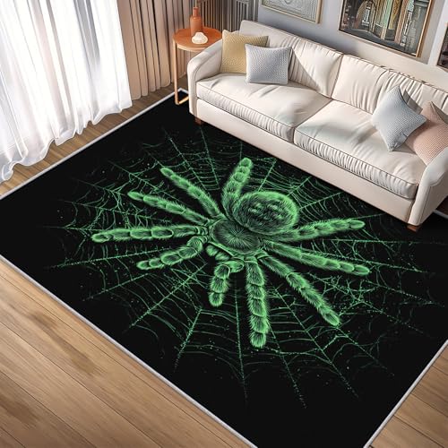 Generisch Teppich Halloween, 120x170, Wohnzimmer Schlafzimmer, Grün Spinne Netz Motiv Design Zimmer Deko, Waschbar, rutschfest, Kurzflor, Weich A1683 von Generisch