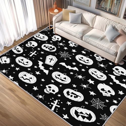 Generisch Teppich Halloween, 120x170, Wohnzimmer Schlafzimmer, Schwarz Weiß Totenkopf Kürbis Motiv Design Zimmer Deko, Waschbar, rutschfest, Kurzflor, Weich A1457 von Generisch