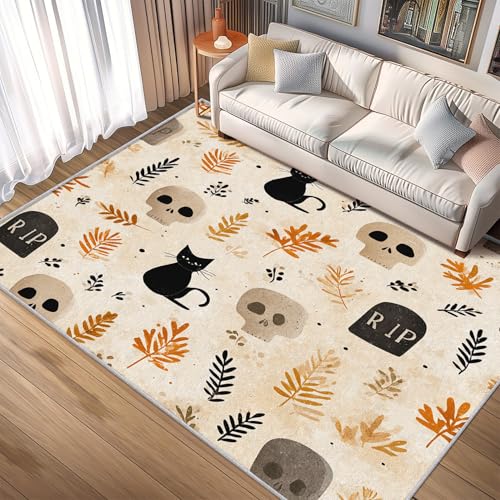 Generisch Teppich Halloween, 200x250, Wohnzimmer Schlafzimmer, Totenkopf Rip Katze Herbst Blätter Motiv Design Zimmer Deko, Waschbar, rutschfest, Kurzflor, Weich A2311 von Generisch