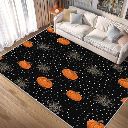 Generisch Teppich Halloween, 200x300, Wohnzimmer Schlafzimmer, Kürbis Spinnennetz Motiv Design Zimmer Deko, Waschbar, rutschfest, Kurzflor, Weich A2284 von Generisch