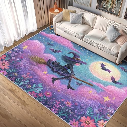 Generisch Teppich Halloween, 60x90, Klein Fußmatte Eingangsbereich, Hexe Besen Motiv Design Zimmer Deko, Waschbar, rutschfest, Kurzflor, Weich A1185 von Generisch