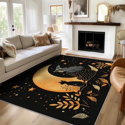 Generisch Teppich Hexenkatze, 160x200, Wohnzimmer Schlafzimmer, Schwarzes Gold Motiv Design Zimmer Deko, Waschbar, rutschfest, Kurzflor, Weich von Generisch