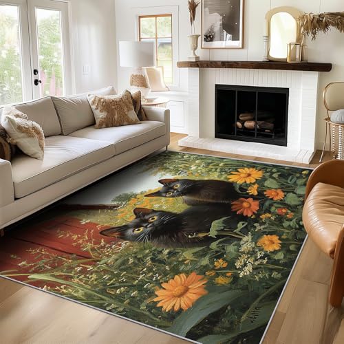 Generisch Teppich Kätzchen Blume, 140x200, Wohnzimmer Schlafzimmer, Katze Motiv Design Zimmer Deko, Waschbar, rutschfest, Kurzflor, Weich von Generisch