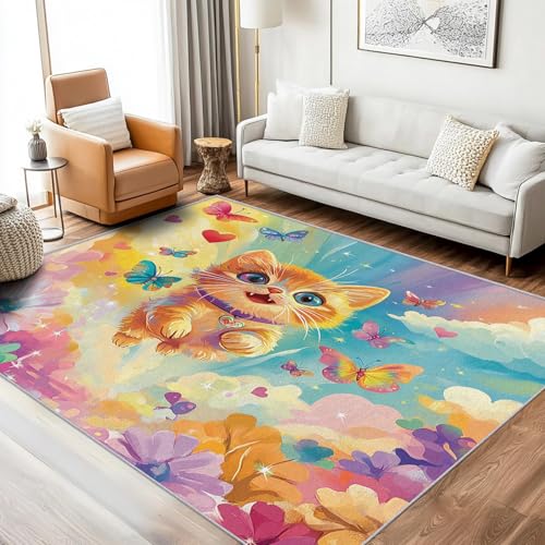 Generisch Teppich Katze Schmetterling Wohnzimmer 100x150 Waschbar, Wolke Kätzchen Kuscheliger Blumen Teppiche Gegend Schlafzimmer Deko & Wohnaccessoires, Kurzflor, Weich, rutschfest von Generisch