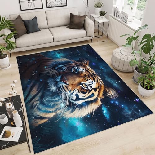 Generisch Teppich Kinderzimmer Mädchen Jungen Tiger Wohnzimmer Schlafzimmer Blauer Stern Tier Tiger Moderner Weicher Kinderteppich Bettvorleger Polyester Flur Waschbarer Teppich 120X180cm von Generisch