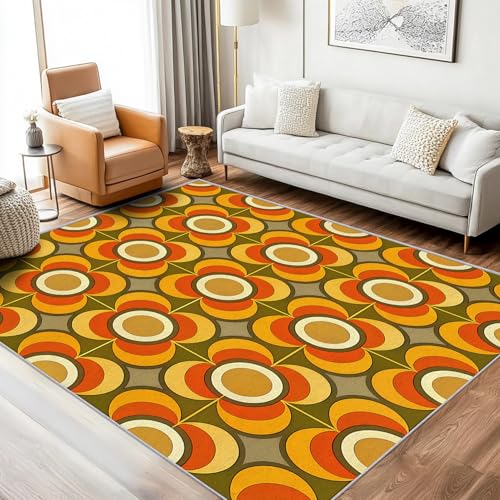 Generisch Teppich Klein 70er Retro Eingangsbereich Innen 60x90 Waschbar, Bunte Blumen Schachbrettmuster Geometrisch Fußmatte Eingang Schlafzimmer Deko & Wohnaccessoires, Kurzflor, Weich, rutschfest von Generisch