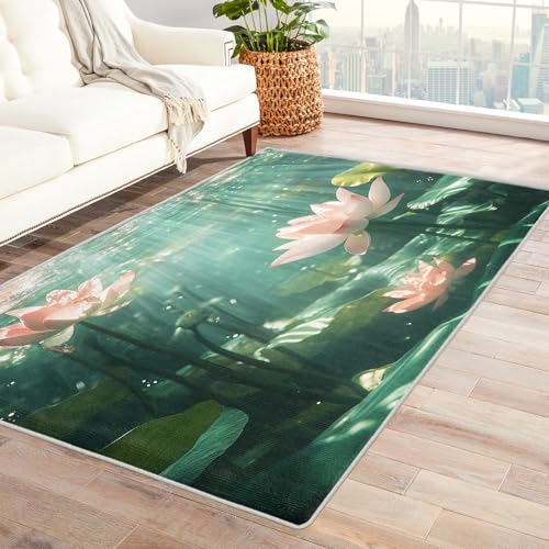 Generisch Teppich Klein Lotusblatt Blumen Eingangsbereich Innen 60x90 Waschbar, Gemälde Sonnenlicht Teich Pflanze Foto Fußmatte Eingang Schlafzimmer Deko & Wohnaccessoires, Kurzflor, Weich, rutschfest von Generisch