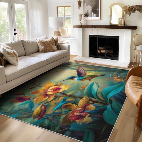 Generisch Teppich Kolibri, 60x90, Klein Fußmatte Eingangsbereich, Vogel Blumen Motiv Design Zimmer Deko, Waschbar, rutschfest, Kurzflor, Weich von Generisch