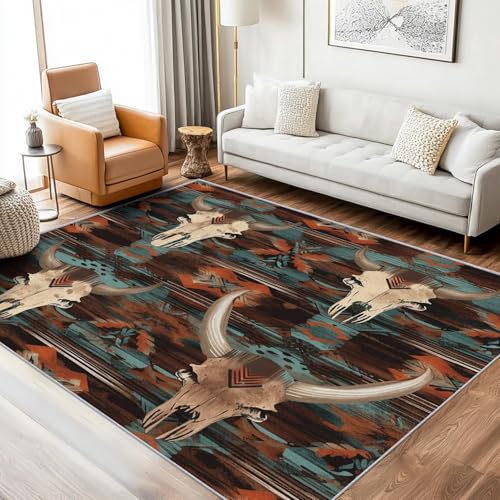 Generisch Teppich Kuh Schädel Wohnzimmer 120x200 Waschbar, Azteken Western Indianer Rustikal Teppiche Gegend Schlafzimmer Deko & Wohnaccessoires, Kurzflor, Weich, rutschfest von Generisch