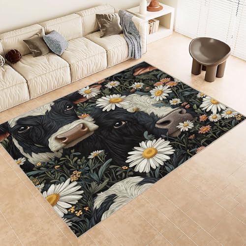 Generisch Teppich Kurzflor 140x200 cm Muster Kuh Blumen Gras 3D Druck Teppiche Gegend Maschinenwaschbarer Rutschfester Carpet Aus Kaschmirimitatwarm Und Bequem Wohnzimmer Kinderzimmer Arbeitsbereich von Generisch
