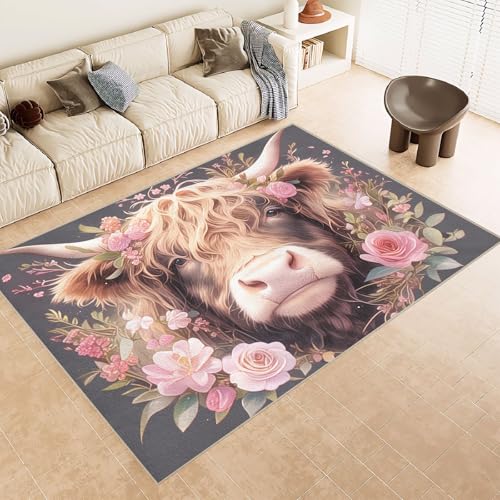 Generisch Teppich Kurzflor 140x200 cm Muster Kuh Blumen Gras 3D Druck Teppiche Gegend Maschinenwaschbarer Rutschfester Carpet Aus Kaschmirimitatwarm Und Bequem Wohnzimmer Kinderzimmer Arbeitsbereich von Generisch