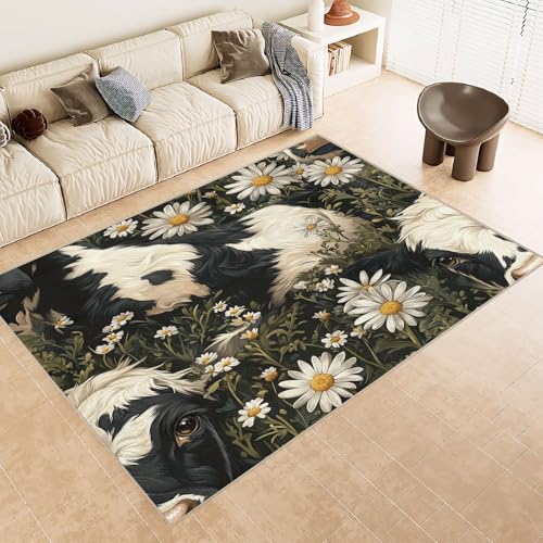 Generisch Teppich Kurzflor 140x200 cm Muster Kuh Blumen Gras 3D Druck Teppiche Gegend Maschinenwaschbarer Rutschfester Carpet Aus Kaschmirimitatwarm Und Bequem Wohnzimmer Kinderzimmer Arbeitsbereich von Generisch