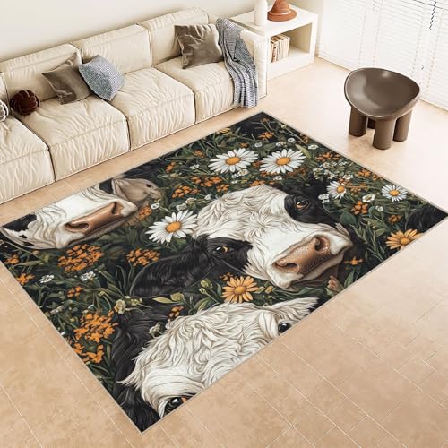 Generisch Teppich Kurzflor 140x200 cm Muster Kuh Blumen Gras 3D Druck Teppiche Gegend Maschinenwaschbarer Rutschfester Carpet Aus Kaschmirimitatwarm Und Bequem Wohnzimmer Kinderzimmer Arbeitsbereich von Generisch
