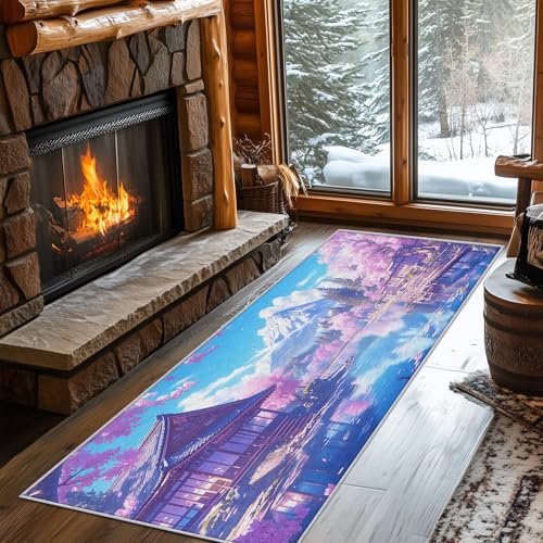 Generisch Teppich Läufer 70 x 140 cm Japanische, Japan Kirschblüten Muster Teppichläufer Flur, Blumen Natur Gebirge Teppich Kurzflor rutschfest für Küche, Eingang, Schlafzimmer, Wohnzimmer a10 von Generisch