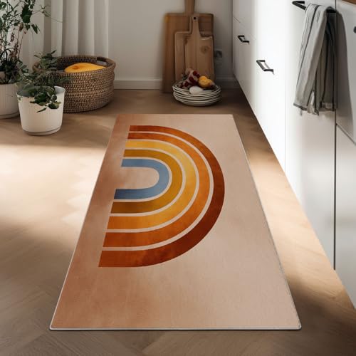 Generisch Teppich Läufer Flur rutschfest 60 x 180 cm, Waschbarer Teppich Bettvorleger Schlafzimmer Retro-Regenbogen Halbrunde Streifen Küchenläufer Style Bohème für Eingang Küche Wohnzimmer von Generisch