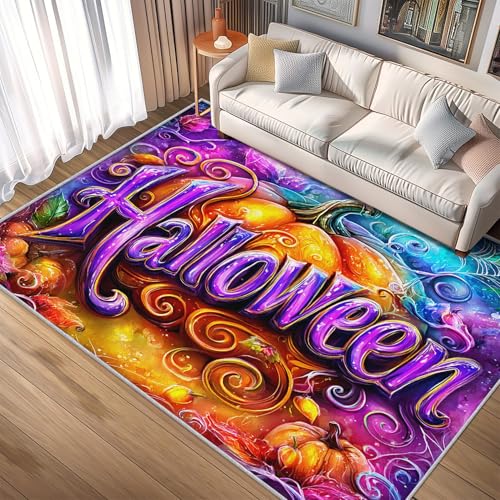 Generisch Teppich Lila Halloween, 60x90, Klein Fußmatte Eingangsbereich, Lebendig Kürbis Motiv Design Zimmer Deko, Waschbar, rutschfest, Kurzflor, Weich A2243 von Generisch