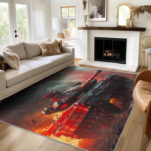 Generisch Teppich Panzer, 200x250, Wohnzimmer Schlafzimmer, Panzerfahrzeug Motiv Design Zimmer Deko, Waschbar, rutschfest, Kurzflor, Weich von Generisch