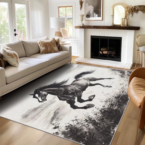 Generisch Teppich Pferd, 60x90, Klein Fußmatte Eingangsbereich, Schwarz Weiß Motiv Design Zimmer Deko, Waschbar, rutschfest, Kurzflor, Weich von Generisch