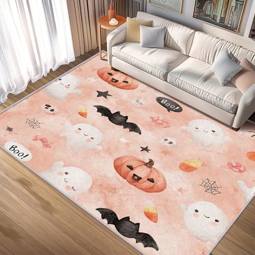 Generisch Teppich Pink Halloween, 60x90, Klein Fußmatte Eingangsbereich, Süß Geist Fledermaus Kürbis Motiv Design Zimmer Deko, Waschbar, rutschfest, Kurzflor, Weich A2327 von Generisch
