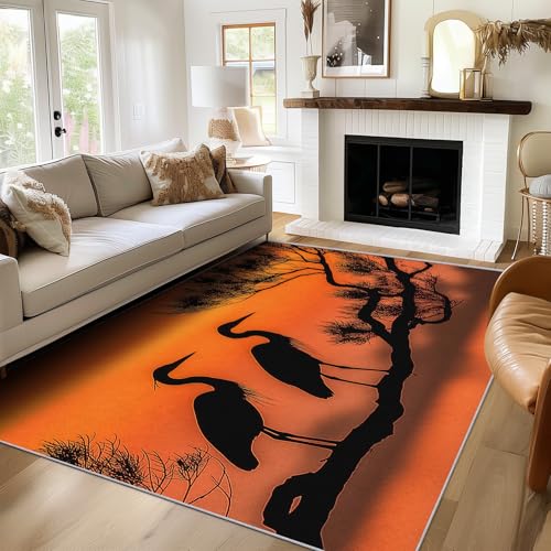 Generisch Teppich Reiher, 140x200, Wohnzimmer Schlafzimmer, AST Orange Schwarz Motiv Design Zimmer Deko, Waschbar, rutschfest, Kurzflor, Weich von Generisch