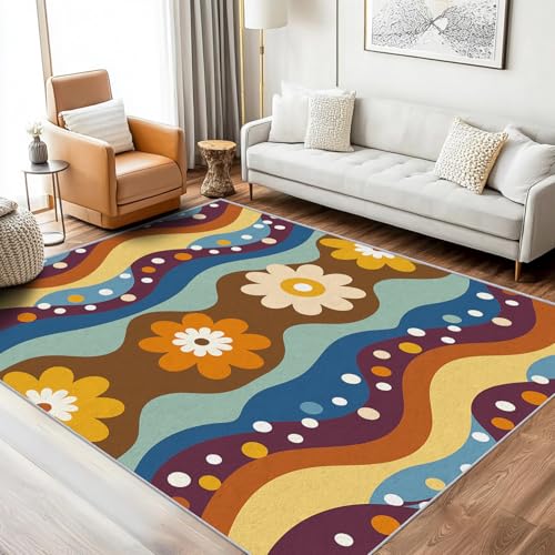Generisch Teppich Retro Blumen Wohnzimmer 200x200 Waschbar, 70er 80er Retro Style Abstrakt Wave Teppiche Gegend Schlafzimmer Deko & Wohnaccessoires, Kurzflor, Weich, rutschfest Generisch Teppich Retro Blumen Wohnzimmer 200x200 Waschbar, 70er 80er Retro Style Abstrakt Wave Teppiche Gegend Schlafzimmer Deko & Wohnaccessoires, Kurzflor, Weich, rutschfest von Generisch