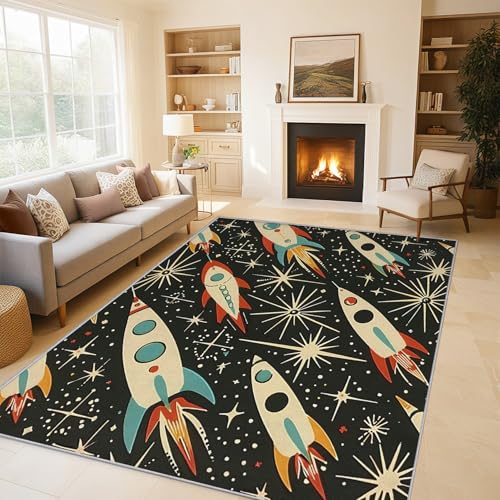 Generisch Teppich Retro Rakete Wohnzimmerteppich 200x280 cm, Weltraum Kinder Jungen Deko für Schlafzimmer, Waschbarer, Weicher, Rutschfester Großer Teppich C&J40 Generisch Teppich Retro Rakete Wohnzimmerteppich 200x280 cm, Weltraum Kinder Jungen Deko für Schlafzimmer, Waschbarer, Weicher, Rutschfester Großer Teppich C&J40 von Generisch