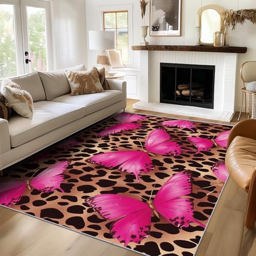 Generisch Teppich Rosa Schmetterling, 160x220, Wohnzimmer Schlafzimmer, Leopard Motiv Design Zimmer Deko, Waschbar, rutschfest, Kurzflor, Weich von Generisch