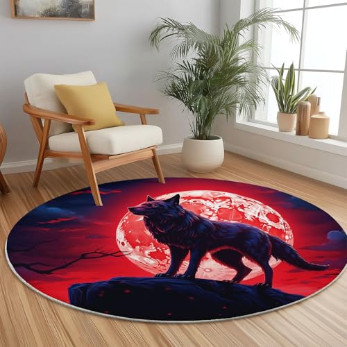 Generisch Teppich Rund 100 cm, Fantasie Mond Wolf Muster Runder Kurzflor Teppiche für Wohnzimmer Schlafzimmer Küchen, Rot rutschfest Waschbar Couchtisch-Matten von Generisch