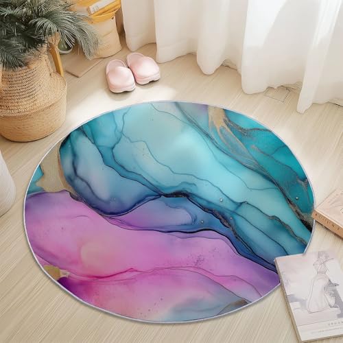 Generisch Teppich Rund 100 cm Moderne Aquarellwelle, rutschfest Teppiche Wohnzimmer, Runder Waschbar Rund Teppiche Kurzflor, Weich Runder Teppich Blau Rosa for Wohnzimmer Schlafzimmer Studie von Generisch