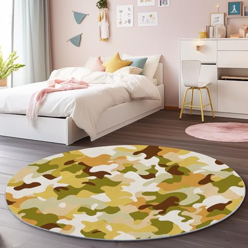 Generisch Teppich Rund 100 cm rutschfest Teppiche Wohnzimmer Runder, Abstrakte Tarnung Waschbar Rund Teppiche - Kurzflor Weich Runder Teppich Braun Grün for Wohnzimmer Schlafzimmer Studie Heimbüro von Generisch