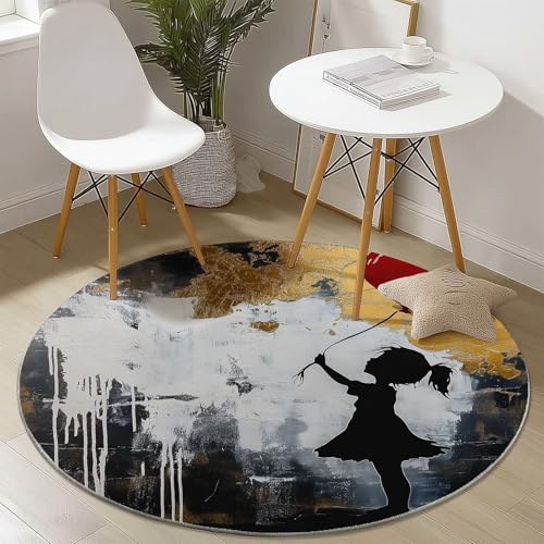 Generisch Teppich Rund 150 cm, Graffiti Mädchen Herzförmige Luftballons Waschbar rutschfest Rund Teppiche Kurzflor Weich Runder Teppich Grau, for Wohnzimmer Schlafzimmer Studie Heimbüro von Generisch