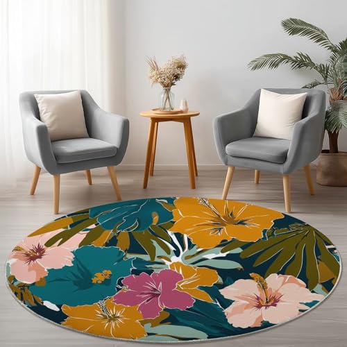 Generisch Teppich Rund 150 cm Abstrakte Florale Tropische Blumen Teppich Wohnzimmer Waschbar rutschfest Weich Kurzflor Runder Teppiche für Schlafzimmer Kinderzimmer Outdoor, Bunt von Generisch