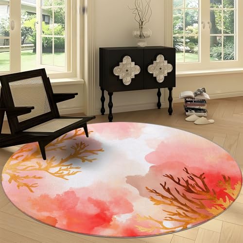 Generisch Teppich Rund 160 cm Aquarell Korallenriff rutschfest Teppiche, Kurzflor Waschbar Runder Läufer, Weich Elegantes Design Wohnzimmerteppich for Schlafzimmer Studie Heimbüro von Generisch