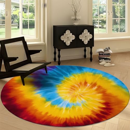 Generisch Teppich Rund 160 cm Batik Bunte Spiralstreifen rutschfest Teppiche, Kurzflor Waschbar Runder Läufer - Weich Abstraktes Design Wohnzimmerteppich for Schlafzimmer Studie Heimbüro von Generisch