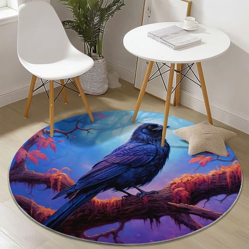 Generisch Teppich Rund 180 cm Fantasievögel Krähe Teppich Wohnzimmer Kurzflor, Teppiche Blau Waschbar Runder Teppiche for Wohnzimmer Schlafzimmer Studie Heimbüro Dekor von Generisch
