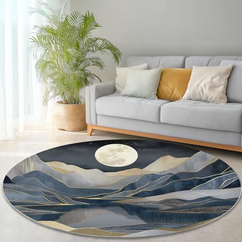 Generisch Teppich Rund 60 cm, Abstrakt Berge Mond Waschbar rutschfest Rund Teppiche Kurzflor Weich Runder Teppich Dunkelblau, for Wohnzimmer Schlafzimmer Studie Heimbüro von Generisch
