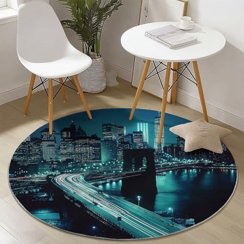 Generisch Teppich Rund 60 cm, Stadt Nacht Brücke Waschbar rutschfest Rund Teppiche Kurzflor Weich Runder Teppich Blaugrün, for Wohnzimmer Schlafzimmer Studie Heimbüro von Generisch