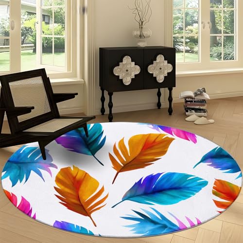 Generisch Teppich Rund 60 cm Aquarell Tropenblätter rutschfest Teppiche, Kurzflor Waschbar Runder Läufer - Weich Minimalismus Wohnzimmerteppich for Schlafzimmer Studie Heimbüro von Generisch