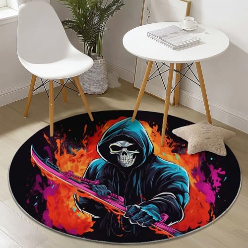 Generisch Teppich Rund 60 cm Cartoon Sensenmann Totenkopf Teppich Wohnzimmer Kurzflor, Teppiche Bunt Waschbar Runder Teppiche for Wohnzimmer Schlafzimmer Studie Heimbüro Dekor von Generisch