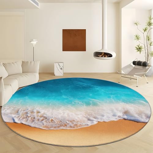 Generisch Teppich Rund 60 cm Sandwellen Meer rutschfest Teppiche, Kurzflor Waschbar Runder Läufer - Weich Natürliche Landschaft Wohnzimmerteppich for Schlafzimmer Studie Heimbüro von Generisch