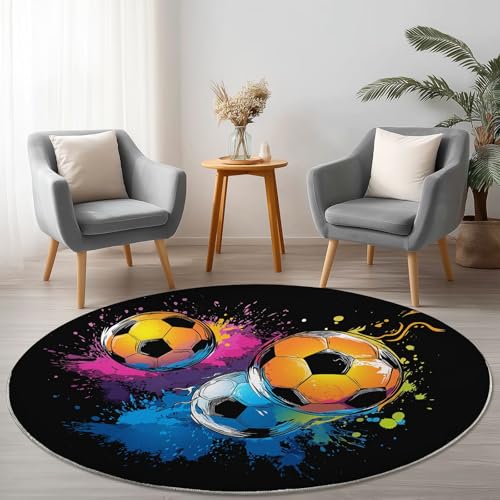 Generisch Teppich Rund 90 cm Abstrakte Sportgraffiti Fußball, rutschfest Teppiche Wohnzimmer, Runder Waschbar Rund Teppiche Kurzflor, Weich Runder Teppich Bunt for Wohnzimmer Schlafzimmer Studie von Generisch