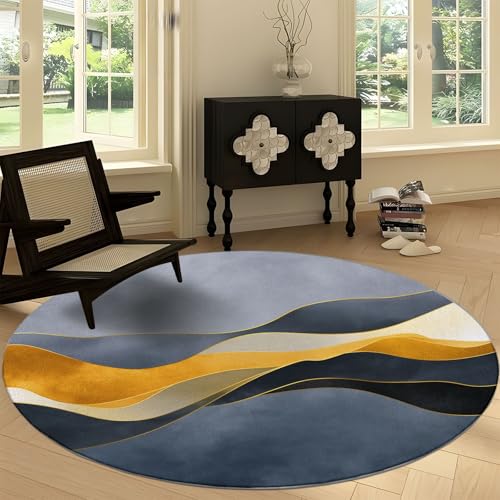 Generisch Teppich Rund 90 cm Wellenförmige Streifen Marmor rutschfest Teppiche, Kurzflor Waschbar Runder Läufer - Weich Realismus Wohnzimmerteppich for Schlafzimmer Studie Heimbüro von Generisch