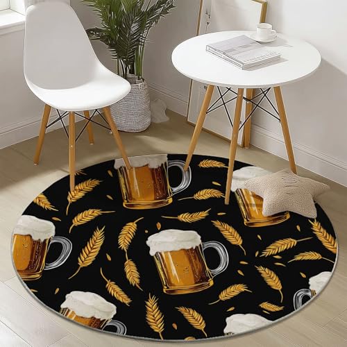 Generisch Teppich Runde 180 cm Modern Bierkrug Weizenähren Waschbarer Rutschfester & Kurzflor Teppich für Wohnzimmer Schlafzimmer Esszimmer Korridor, Weich Flanell Runde Teppiche Braunes von Generisch