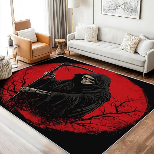 Generisch Teppich Schädel Sense Wohnzimmer 160x200 Waschbar, Rot Mond Gothic Geist Skelett Teppiche Gegend Schlafzimmer Deko & Wohnaccessoires, Kurzflor, Weich, rutschfest von Generisch