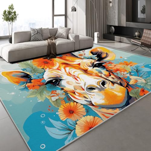 Generisch Teppich Schlafzimmer 140x200 cm Giraffe Bemalt Kinderteppich Dekoration Carpets Abstrakt Kunst Teenager Kurzflor Flanell Teppiche rutschfeste Spielteppiche für Schlafzimmer Wohnzimmer von Generisch