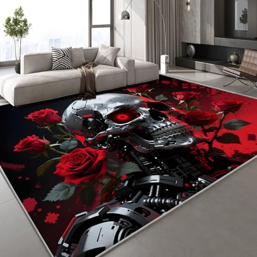 Generisch Teppich Schlafzimmer 140x200 cm Totenkopf Rosen Kinderteppich Dekoration Carpets Retro Horror Teenager Kurzflor Flanell Teppiche rutschfeste Spielteppiche für Schlafzimmer Wohnzimmer von Generisch