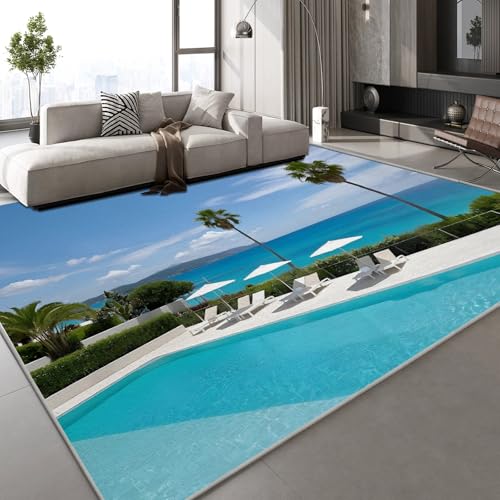 Generisch Teppich Schlafzimmer 50x80 cm Schwimmbad Strand Kinderteppich Dekoration Carpets Urlaub Freizeit Teenager Kurzflor Flanell Teppiche rutschfeste Spielteppiche für Schlafzimmer Wohnzimmer von Generisch